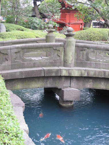 Asakusa scene: shrine, stone bridge, and river with colorful koi.