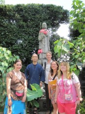 The group in front of a Jizo statue (protector of children and travelers in Japanese Buddhism) with Hattori-san, a Buddhist monk, at his temple, Jikei-ji, in Mikuni, Osaka, where I used to live.