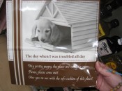 An excellent example of Japanese English, aka "Engrish" or "Japanenglish" found on a bag sold at a convenience store in Osaka, Japan: The day when I was troubled all day: My pretty puppy, the place is not your rooms. Please, please come out! Are you no use with the soft cushion of this place?"